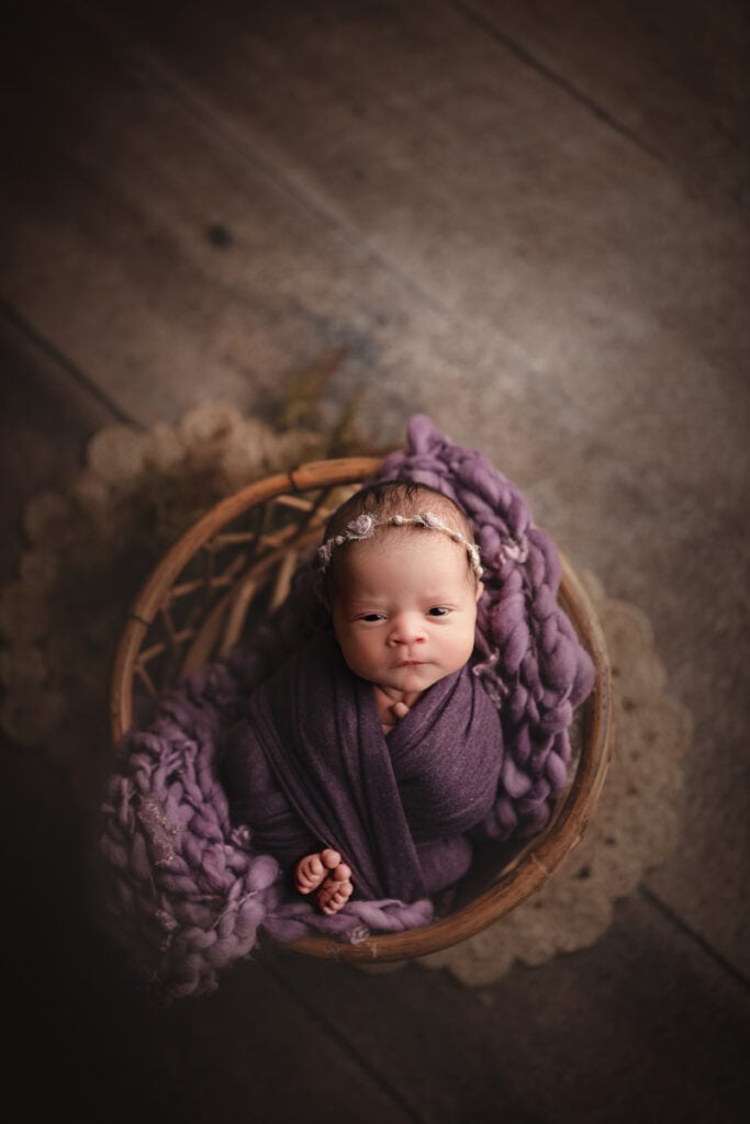 Newborn Photographer, a baby lays in a basket snuggled in a purple blanket